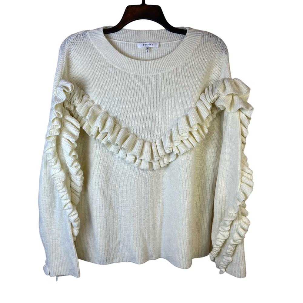 Frame Merino Wool Blend Sweater Women's Medium Cream Ruffle Ribbed Knit Dolman - Picture 3 of 10